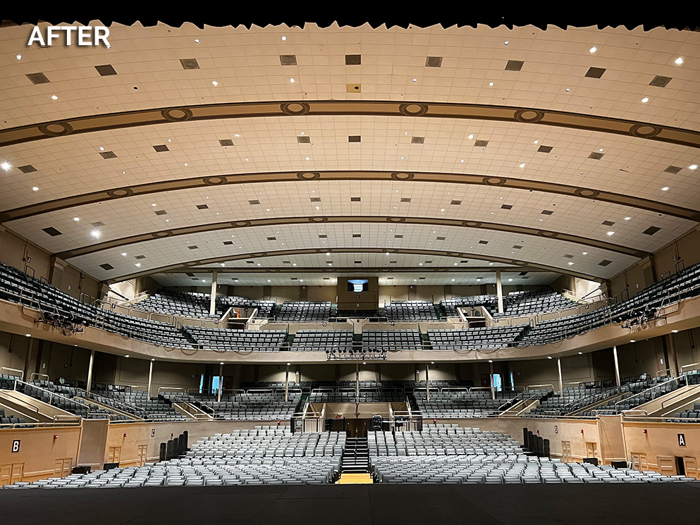 Township Auditorium after the RETRO Series installation, with brighter architectural lighting over the seating bowl