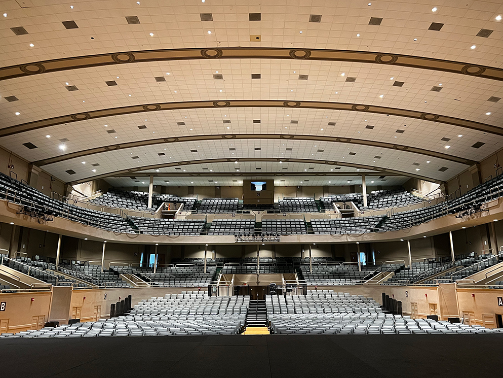 Township Auditorium after the RETRO Series installation, with brighter architectural lighting over the seating bowl