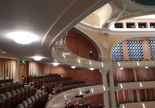 Charleston Gaillard Center interior balcony and seating area with ceiling lights