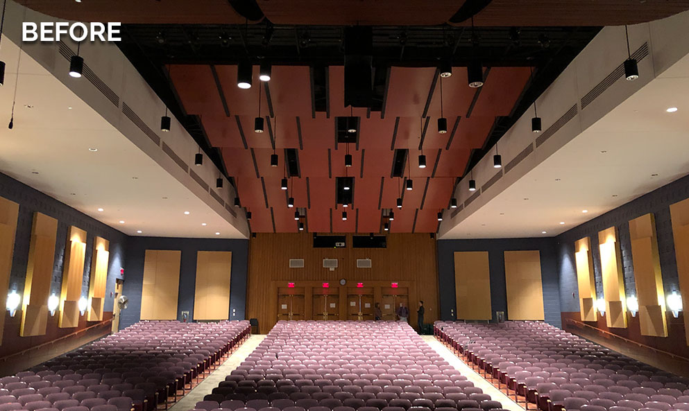 Before view of Penn’s Grove Middle School auditorium with uneven house lighting